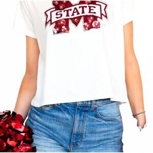 NEW QUEEN OF SPARKLES licensed miss state mascot sequin flower tee in white